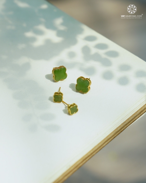 Bông Tai Cỏ 4 Lá Ngọc Bích Khoen Bạc Phủ Vàng