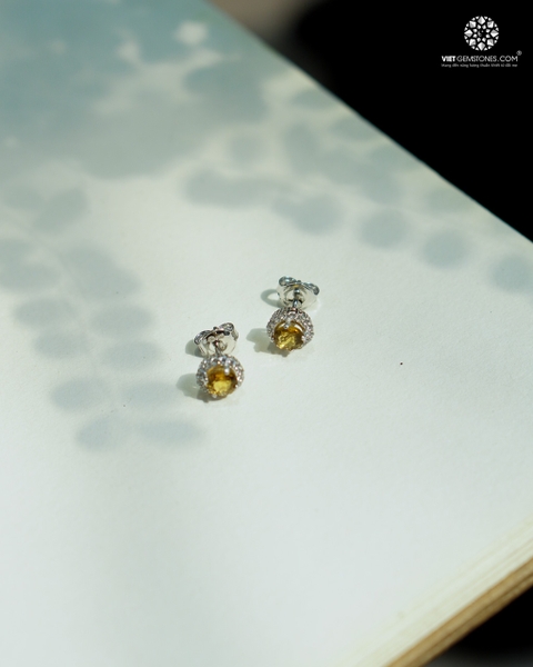 Bông Tai Tourmaline Vàng Viền Bạc Đính Đá