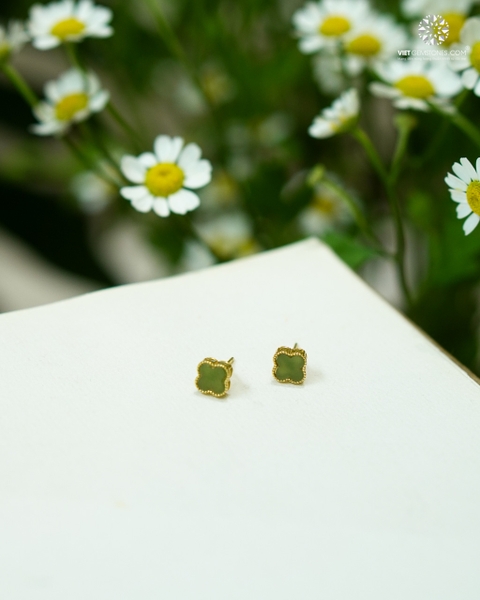 Bông Tai Cỏ 4 Lá Ngọc Bích Khoen Bạc Phủ Vàng