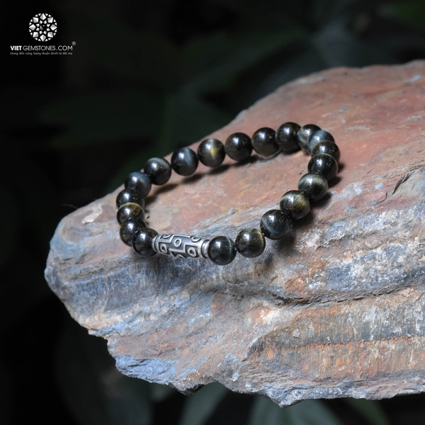 Vòng Tay Đá Mắt Hổ Xanh Dương Pha Vàng 08mm Phối Charm Dzi