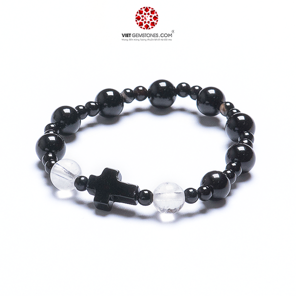 Chuỗi Mân Côi Obsidian 08mm - Thạch anh ưu linh trắng