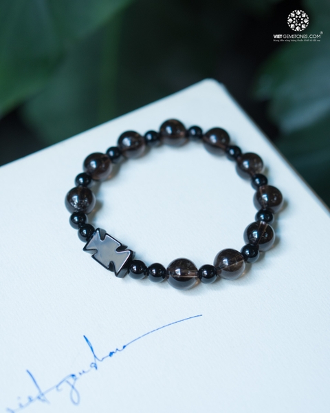 Vòng Chuỗi Mân Côi Thạch Anh Khói 10mm Thánh Giá Mã Não đen