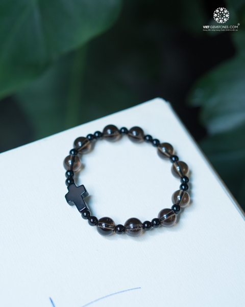 Chuỗi Mân Côi Thạch Anh Khói 8mm Thánh giá Mã Não đen