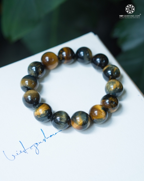 Vòng Tay Đá Mắt Hổ Xanh Dương Pha Vàng 14mm