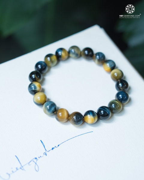 Vòng Tay Đá Mắt Hổ Xanh Dương Pha Vàng 10mm chuẩn đẹp