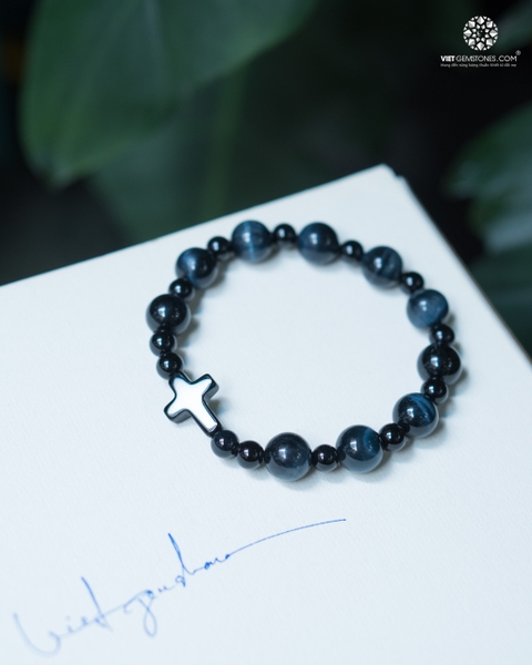 Chuỗi Mân Côi Đá Mắt Hổ Xanh 10mm Thánh giá Mã Não đen