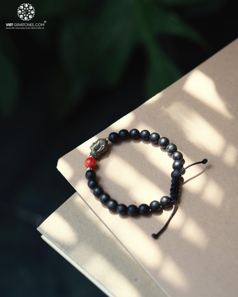 Vòng Tay Mala Đá Nham Thạch 8mm Charm Phật Bằng Đồng
