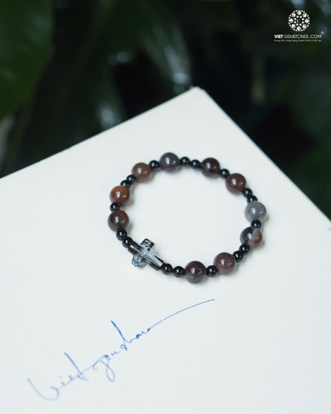 Chuỗi Mân Côi Gỗ Hoá Thạch 8mm Thánh Giá Pha Lê Swarovski
