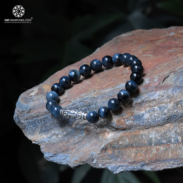 Vòng Tay Đá Mắt Hổ Xanh 08mm Phối Charm Dzi