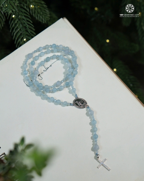 Tràng Hạt Mân Côi 50 Kinh Đá Hải Lam Ngọc Aquamarine 6mm