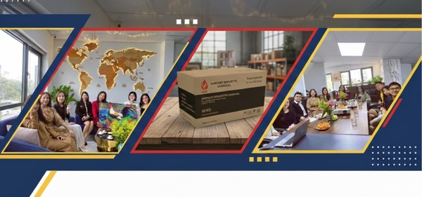 Vietnam Premium-quality export charcoal factory with sawdust briquette production system, high-temperature carbonization, and finished briquette blocks, than nuong bbq khong khoi.