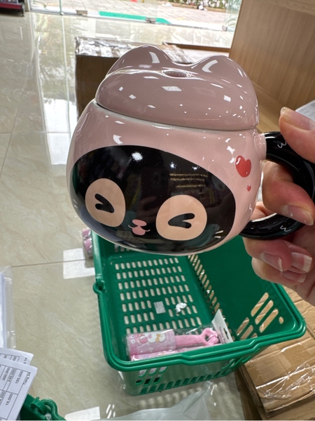 Cốc sứ in nắp in hình Cat tone nâu CS42