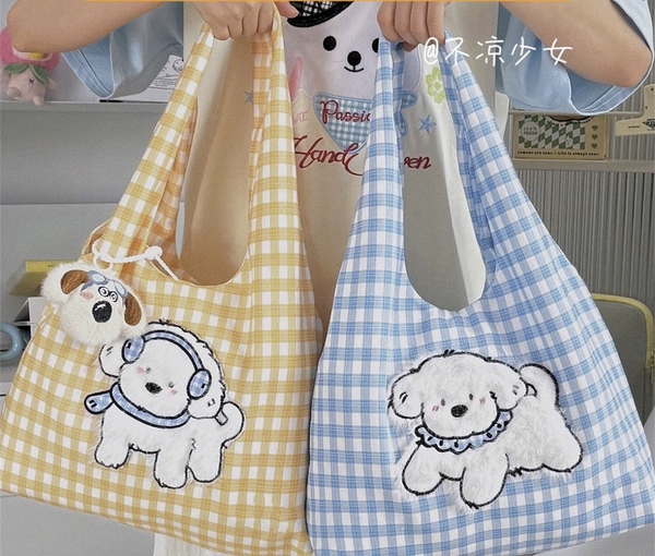 Túi đeo vai cún thêu nổi kẻ Caro TD02