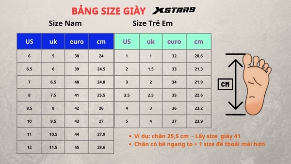 HƯỚNG DẪN CHỌN SIZE GIÀY XSTARS CHUẨN XÁC