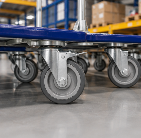 Bánh xe đẩy sử dụng cho xe đẩy hàng trong kho, trung tâm logistics và dây chuyền sản xuất, đảm bảo vận hành êm ái và bền bỉ