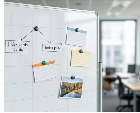 viết lưu đồ trên bảng trắng di động; bên cạnh là các ghim nam châm giữ ảnh và ghi chú trên bề mặt có dòng kẻ mờ.