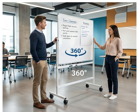 Nhân viên văn phòng đang điều chỉnh chốt xoay lật 360 độ của bảng di động; cận cảnh bánh xe kép có khóa giúp di chuyển dễ dàng trên sàn nhà.