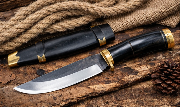 Dao mèo đi rừng cao cấp với lưỡi thép nhíp ô tô nguyên khối và cán sừng trâu
