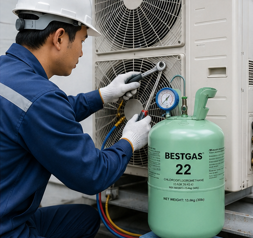 Kỹ thuật viên sử dụng gas lạnh Bestgas để bảo trì và nạp gas cho điều hòa