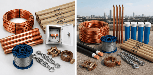 Các loại phụ kiện hệ thống chống sét như cáp đồng trần, cáp thoát sét, cọc tiếp địa, tăng đơ và kẹp cáp