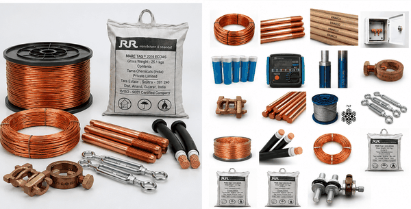 Tổng hợp phụ kiện chống sét và thiết bị tiếp địa gồm cáp đồng, cọc tiếp địa, ốc siết cáp và hộp kiểm tra