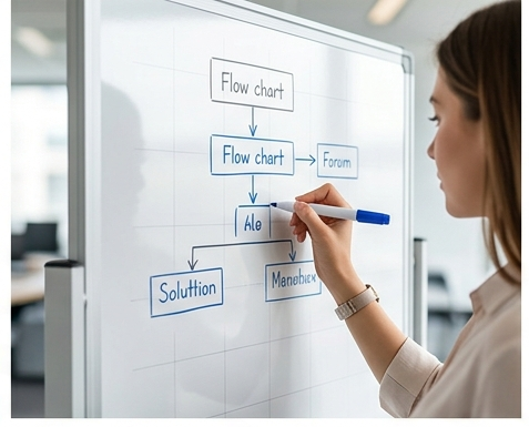 nhân viên văn phòng đang thảo luận và thuyết trình dự án bằng cách sử dụng bảng trắng di động, gắn các tài liệu và biểu đồ.