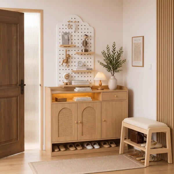 Combo Nội Thất Lối Vào Entryway Japandi Gỗ MDF | Tủ Giày + Ghế Đôn + Bảng Pegboard