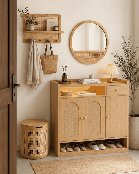Combo Nội Thất Entryway Japandi Gỗ Tần Bì Phối Mây | Tủ Giày + Gương + Kệ Treo + Ghế Đôn