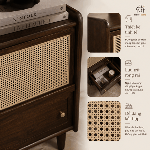 Tab Đầu Giường Gỗ Óc Chó Phối Mây Mắt Cáo Đa Năng | Phong Cách Japandi & Mid-Century Modern