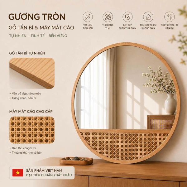 GƯƠNG DECOR TRÒN KHUNG GỖ TẦN BÌ PHỐI MÂY MẮT CÁO PHONG CÁCH JAPANDI