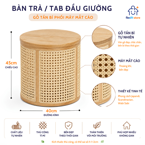 Bàn Trà Kiêm Tab Đầu Giường Gỗ Tần Bì Phối Mây Mắt Cáo