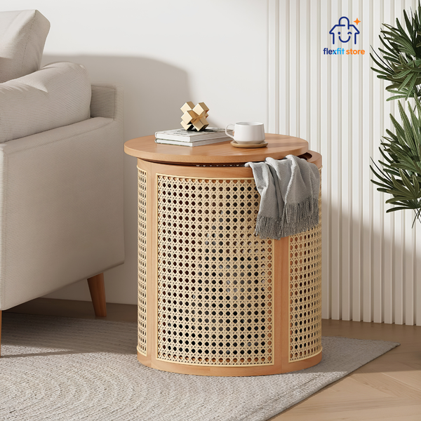 Combo Nội Thất Entryway Japandi Gỗ Tần Bì Phối Mây | Tủ Giày + Gương + Kệ Treo + Ghế Đôn