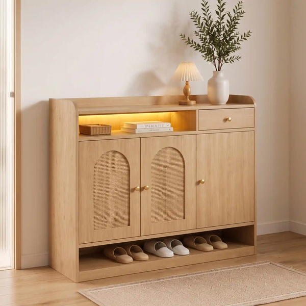 Combo Nội Thất Lối Vào Entryway Japandi Gỗ MDF | Tủ Giày + Ghế Đôn + Bảng Pegboard