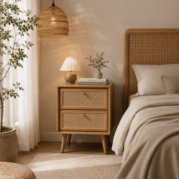 Tủ Tab Đầu Giường Gỗ Tần Bì Phối Mây 2 Ngăn | Tab Decor Đa Năng Japandi - Flexfit Store