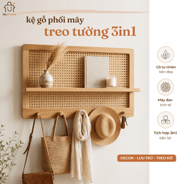 Kệ Treo Tường Gỗ Tần Bì Phối Mây Có Móc Treo Đa Năng | Decor Lối Vào Nhà Japandi | Flexfit Store
