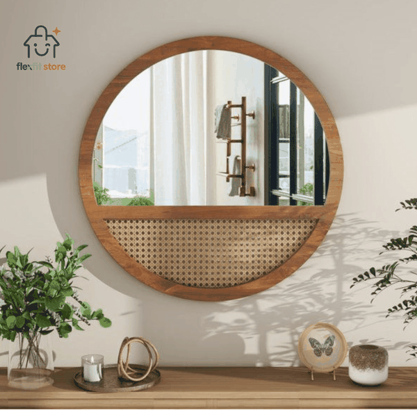 GƯƠNG DECOR TRÒN KHUNG GỖ TẦN BÌ PHỐI MÂY MẮT CÁO PHONG CÁCH JAPANDI