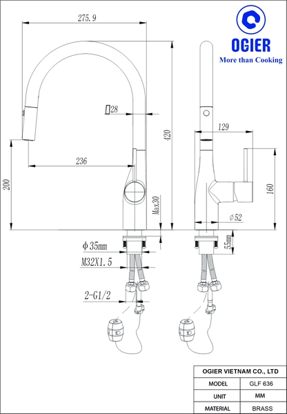 Vòi rửa bát dây rút 2 đường nóng lạnh. GLF 636