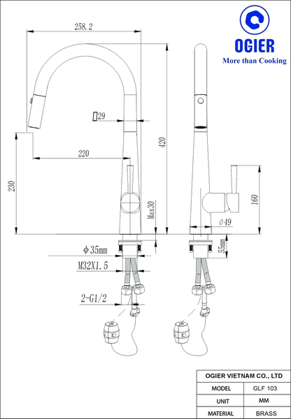Vòi rửa bát dây rút 2 đường nóng lạnh. GLF 103