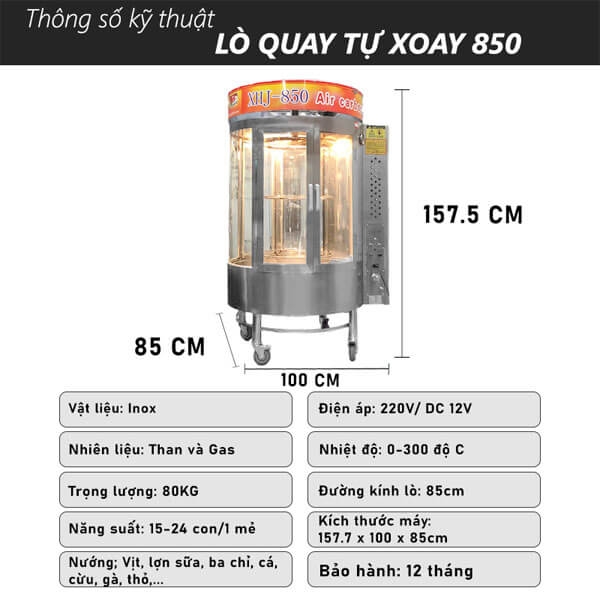 Lò quay vịt kính 850 tự xoay mẫu mới (2 cánh)