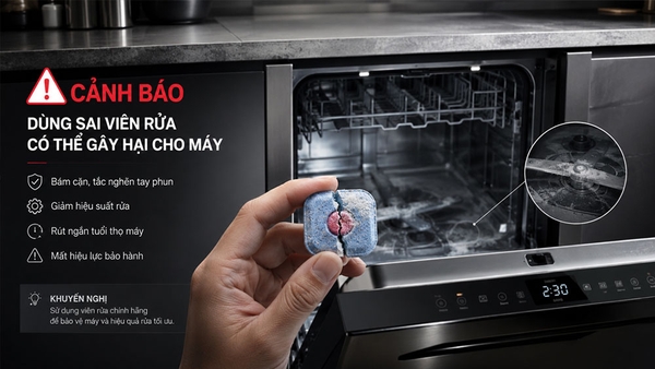 Cảnh báo: Dùng sai viên rửa có thể gây hại cho máy rửa bát
