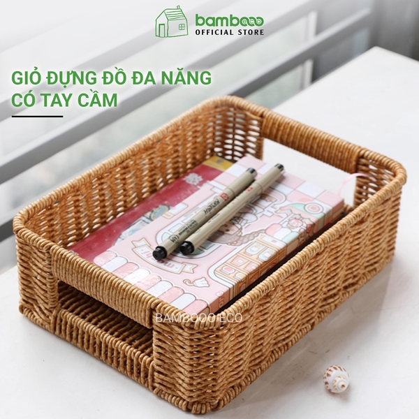 Khay nhựa giả mây có tay 26x19H8cm