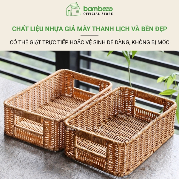 Khay nhựa giả mây có tay 26x19H8cm