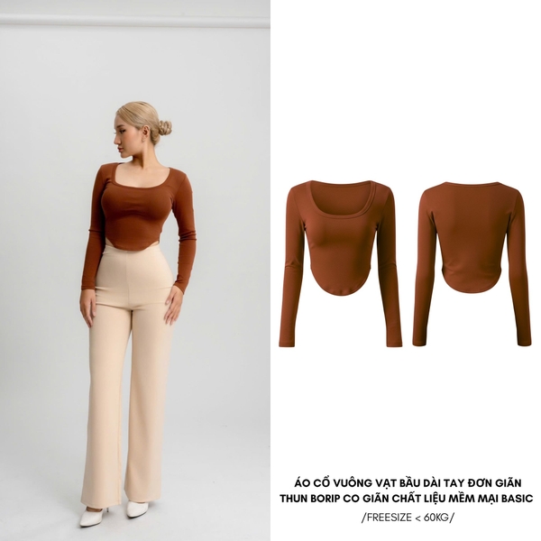 A8 - Áo Thun Croptop Cổ Vuông Vạt Bầu Dài Tay