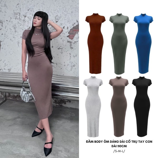 DD14 - Đầm Cổ Trụ Tay Con Dáng Dài Ôm