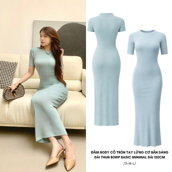 DD17 - Đầm Bodycon Cổ Tròn Tay Lửng Dáng Dài Ôm Body 123cm