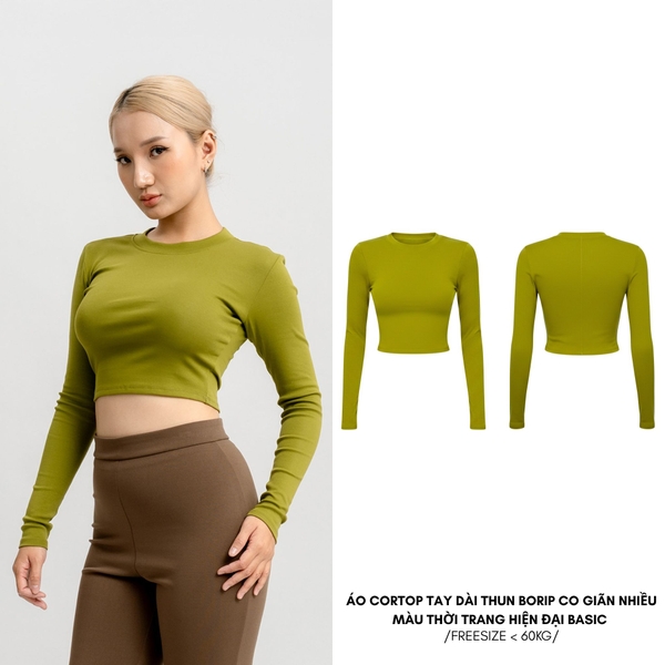 TD - Áo Tay Croptop Dài Cổ Tròn Ôm Dáng Trơn Thun Borip