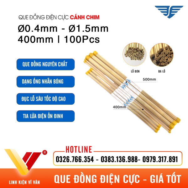 Que đồng điện cực EDM Ø0.4mm-Ø1.5mm 400mm 100Pcs Cánh Chim chính hãng | Vĩ Văn