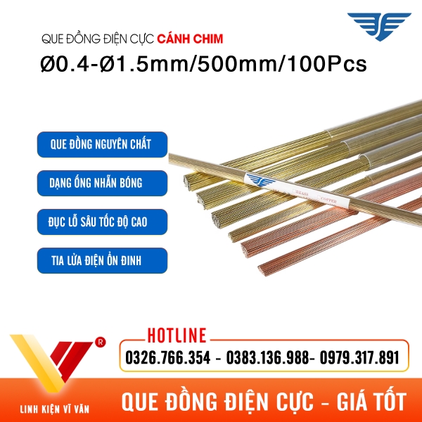 Que đồng điện cực EDM Ø0.4-Ø1.5mm 500mm 100Pcs Cánh Chim chính hãng | Vĩ Văn