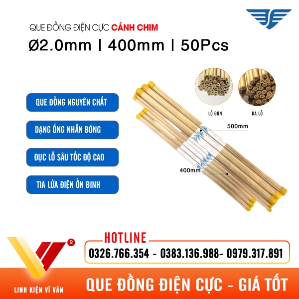 Que đồng điện cực EDM Ø2.0mm 400mm 50Pcs Cánh Chim giá tốt | Vĩ Văn