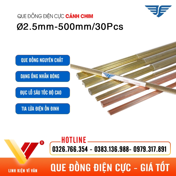 Que đồng điện cực EDM Ø2.5mm 500mm 30Pcs Cánh Chim chính hãng | Vĩ Văn